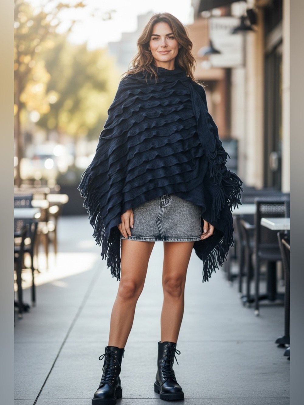 Black Tiered Fringe Knit Poncho One Size | Boho Whimsy Goth |Lagenlook